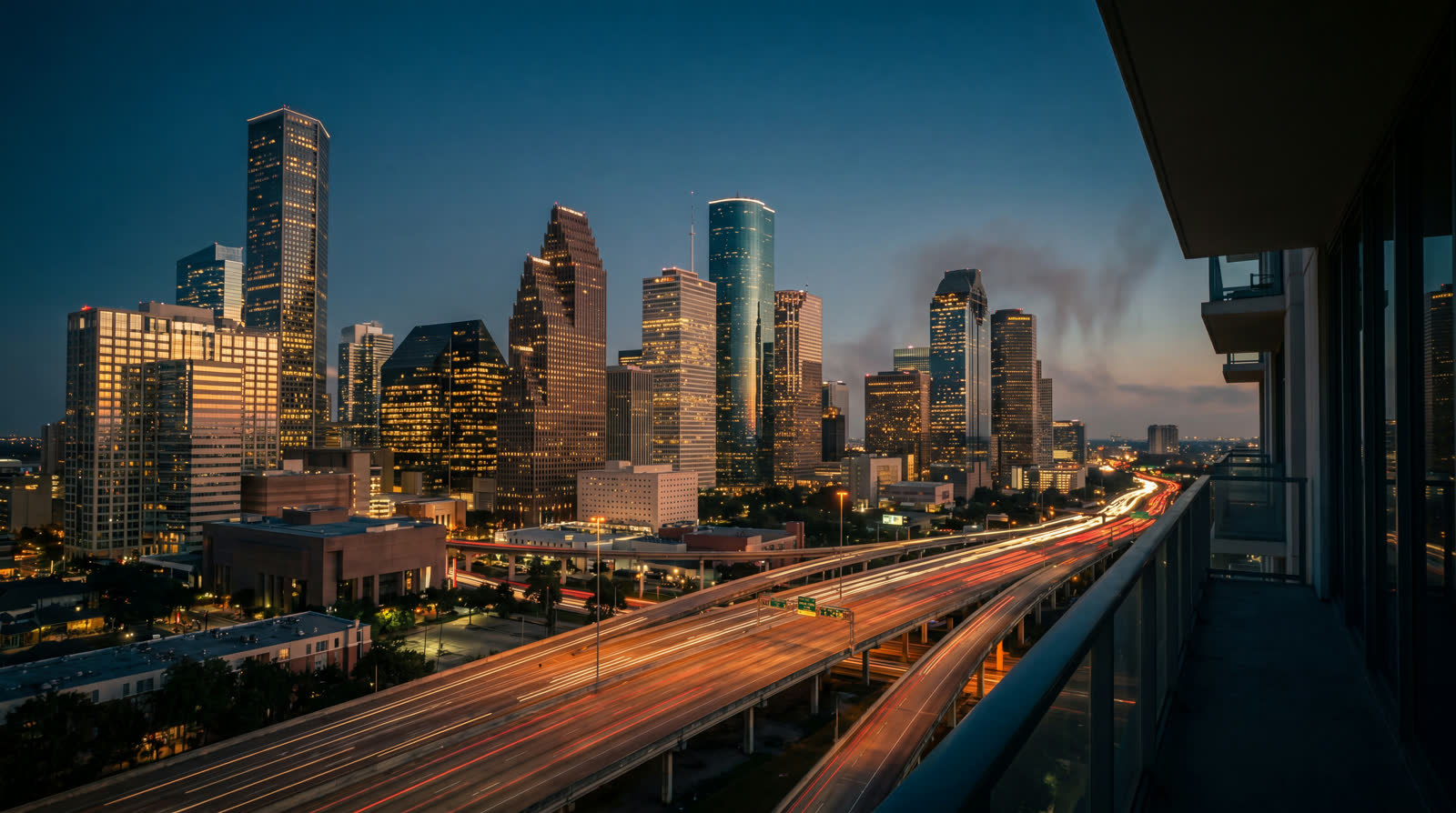 Downtown Houston skyline glowing at blue hour