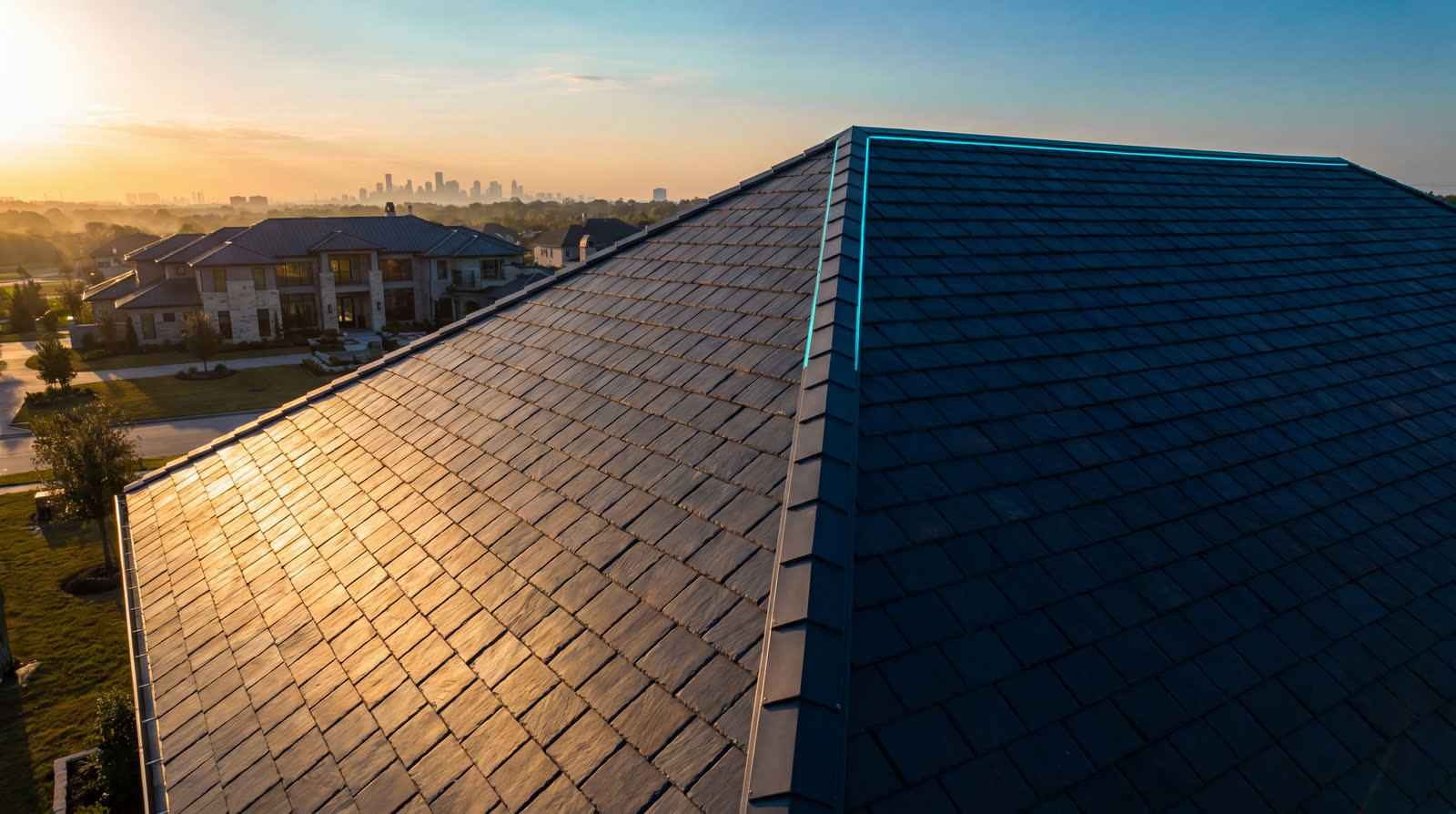 Flawless standing-seam roofline at golden hour above a luxury Texas estate