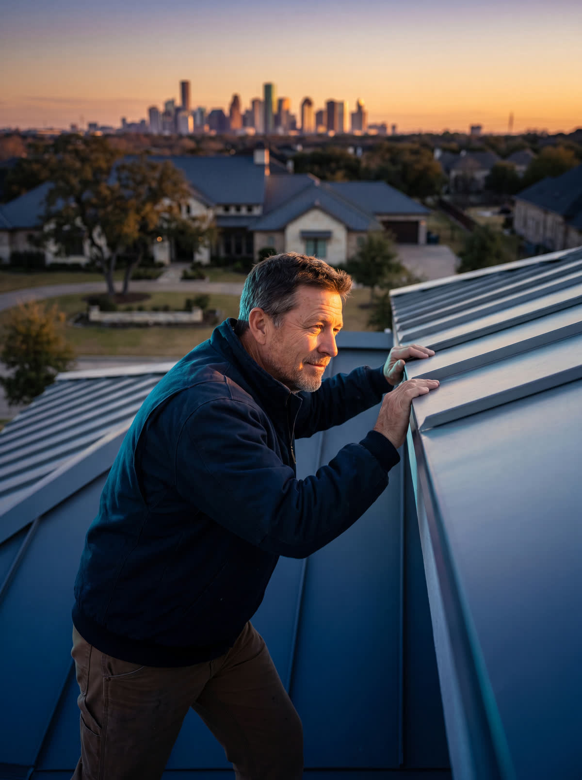 Master roofer in three-quarter profile sighting down a roof ridge at golden hour