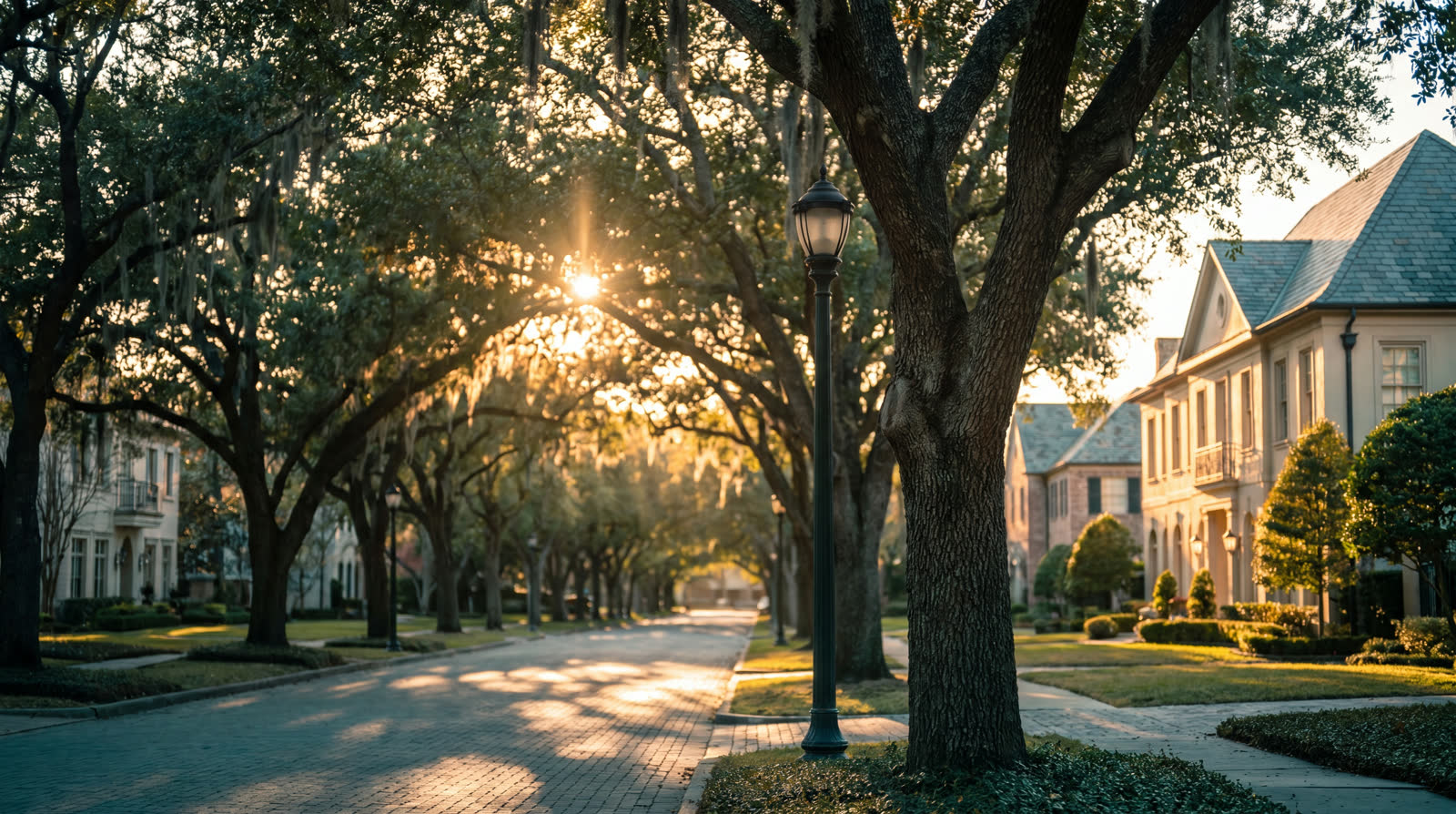 Oak canopy over an upscale Houston boulevard at golden hour
