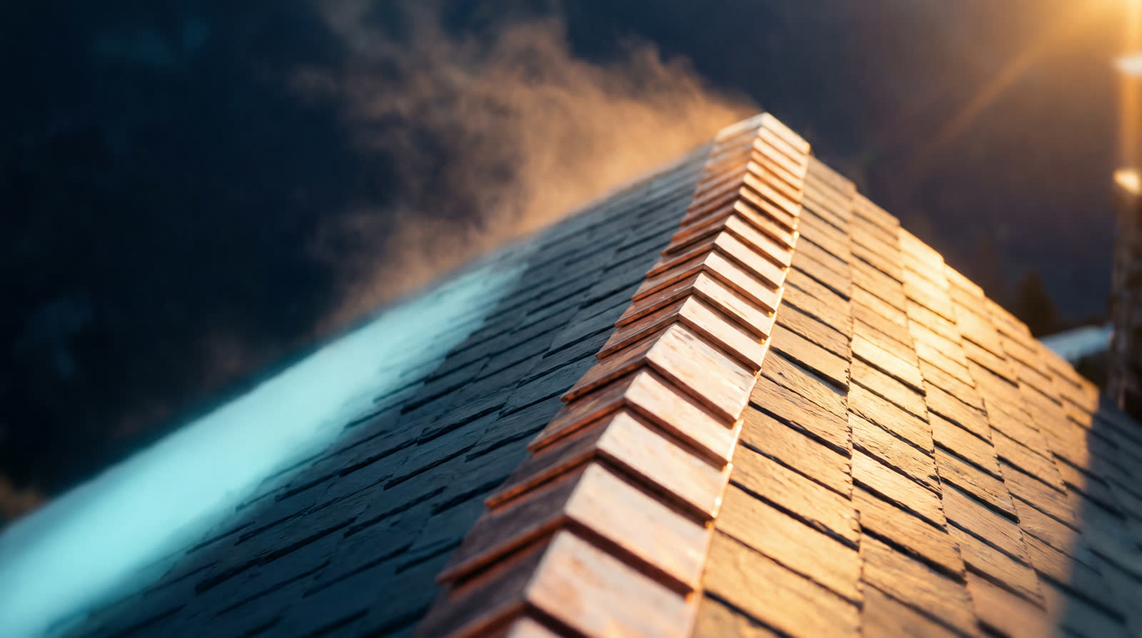 Perfect roof ridge line at dawn with haze drifting through a shaft of light